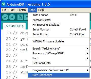 Arduino IDE Bootloader Burn Settings